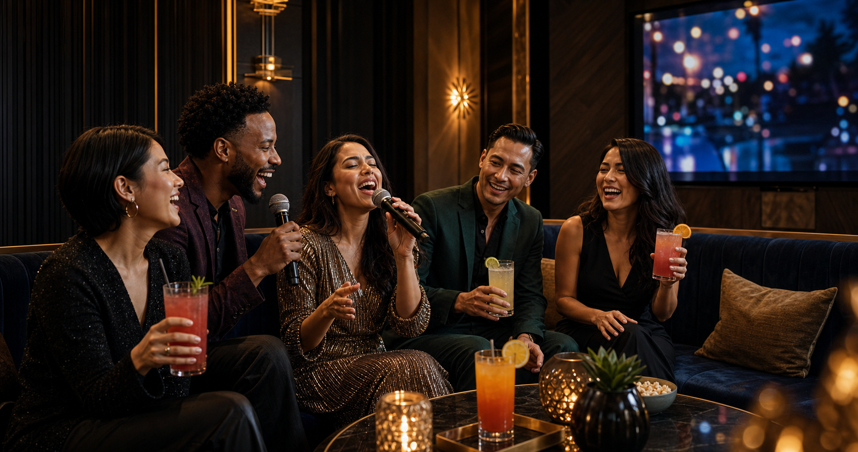 Friends singing in a private karaoke room with zero-proof drinks